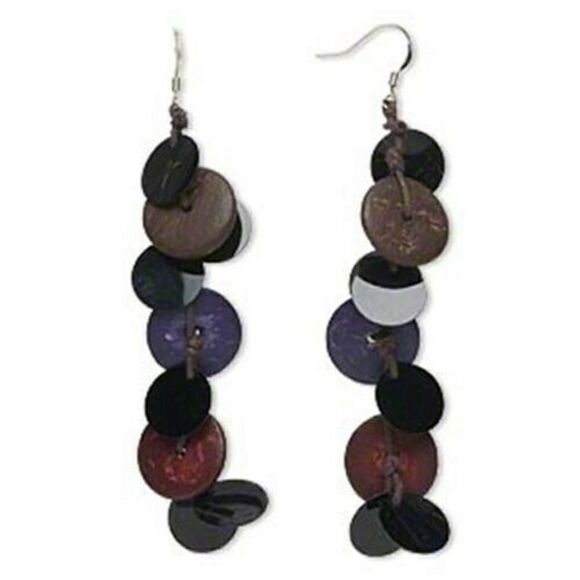 Handmade Coconut Palm Tree Wood Eco Friendly Disk 4-1/2" Long Dangle Earrings - Picture 1 of 1